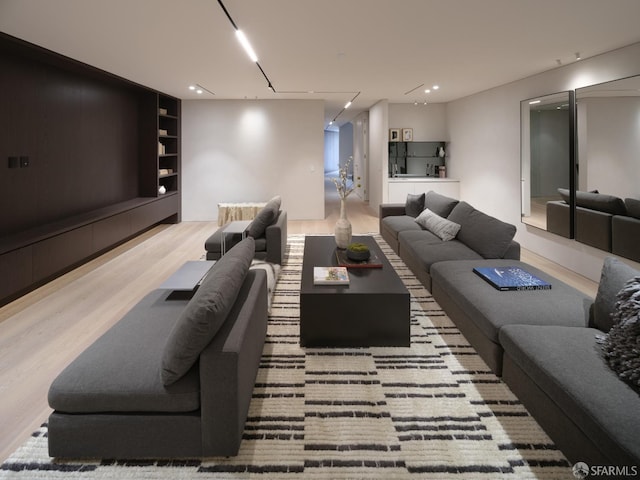 living room with built in shelves and light wood-type flooring