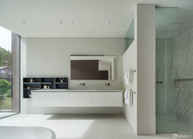 bathroom with vanity and walk in shower