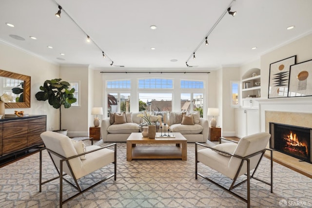 living area featuring built in features, rail lighting, and crown molding