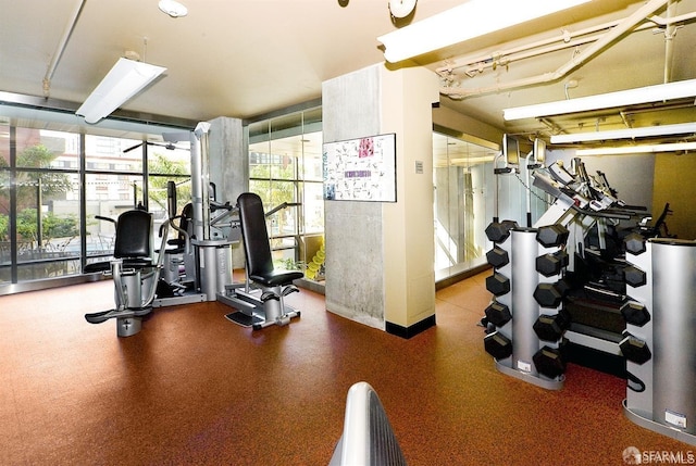 gym with a wall of windows