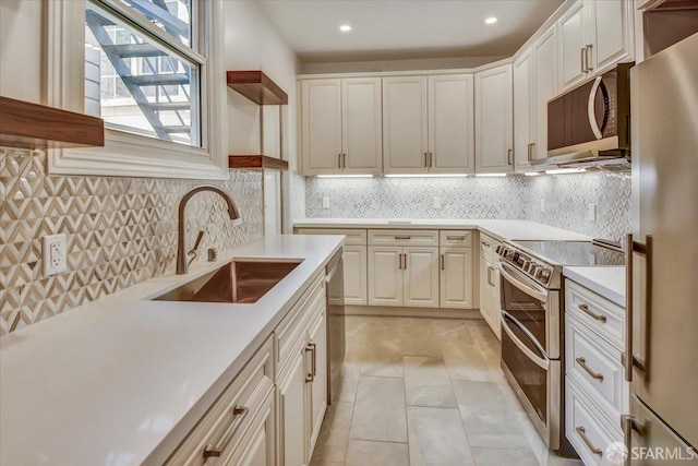 3675 Fillmore St Unit 102, San Francisco, CA 94123 - kitchen featuring stainless steel appliances, a sink, light countertops, tasteful backsplash, and open shelves