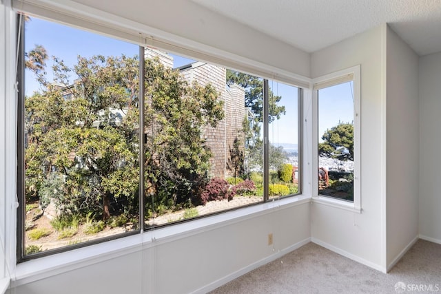 empty room with light carpet, plenty of natural light, a textured ceiling, and baseboards