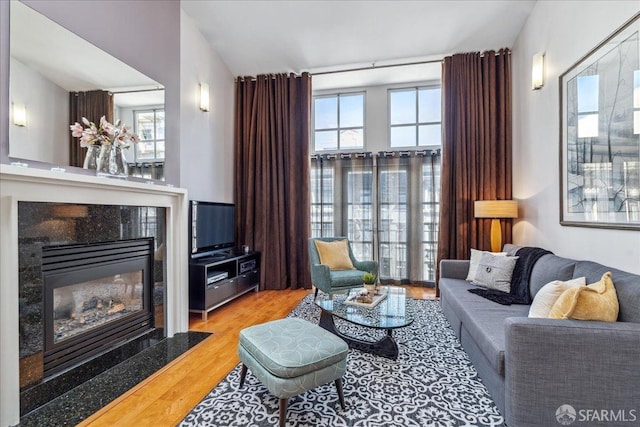 living room with light hardwood / wood-style flooring and a premium fireplace