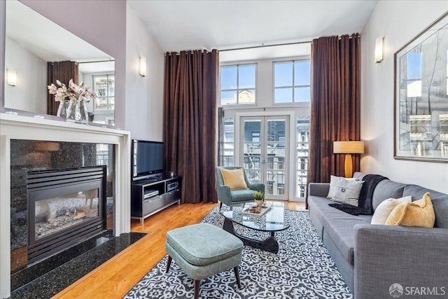 living room with a fireplace and light hardwood / wood-style floors