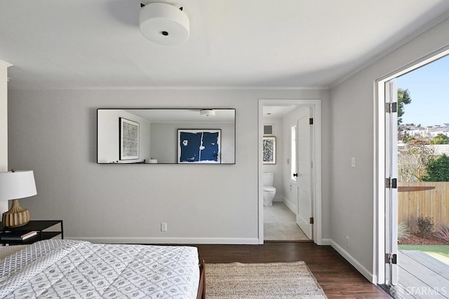 bedroom featuring access to exterior, connected bathroom, crown molding, baseboards, and dark wood-style flooring