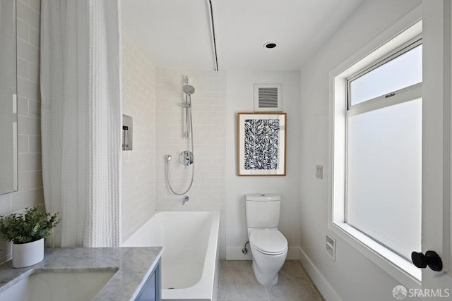 full bathroom featuring visible vents, toilet, tile patterned flooring, shower / bath combination with curtain, and vanity