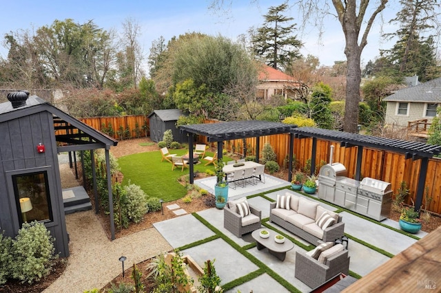 view of patio with outdoor lounge area, a grill, a gazebo, and area for grilling