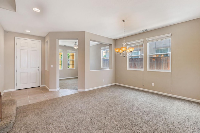 9877 Bluefin Way, Elk Grove, CA 95757 - unfurnished room featuring light colored carpet, a chandelier, light tile patterned flooring, recessed lighting, and a ceiling fan