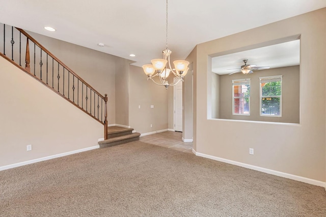9877 Bluefin Way, Elk Grove, CA 95757 - unfurnished living room featuring carpet floors, stairs, a ceiling fan, a chandelier, and recessed lighting
