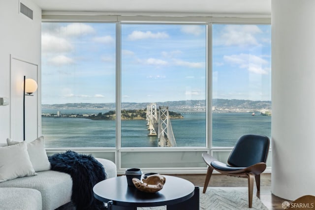 interior space featuring plenty of natural light, wood finished floors, visible vents, and a water view