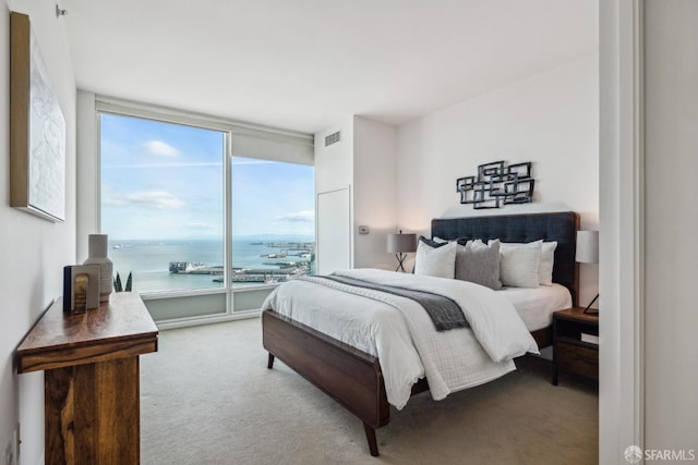 bedroom featuring visible vents, carpet, and a water view