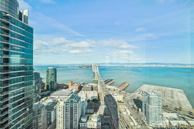 view of water feature with a city view