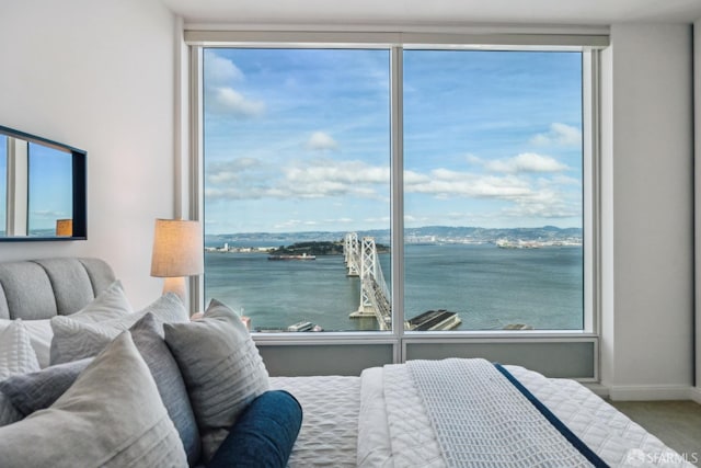 bedroom featuring carpet floors, multiple windows, baseboards, and a water view