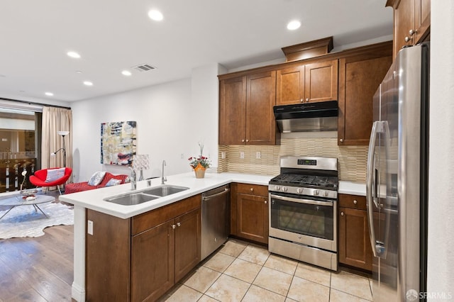 kitchen with light wood-type flooring, appliances with stainless steel finishes, decorative backsplash, sink, and kitchen peninsula