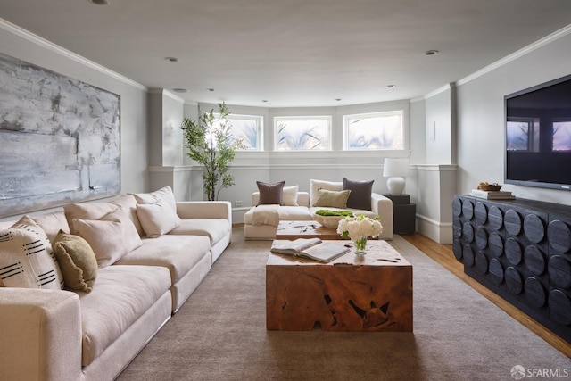living room with wood finished floors and crown molding