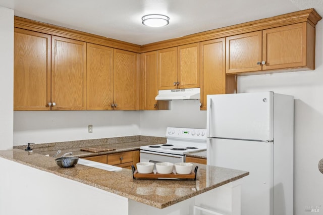 1333 N Camino Alto Unit 227, Vallejo, CA 94589 - kitchen featuring white appliances, under cabinet range hood, light stone counters, a peninsula, and brown cabinets