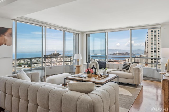 1220 Jones St Unit 601, San Francisco, CA 94109 - living room with a water view, a wall of windows, and wood finished floors