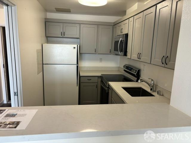 kitchen featuring gray cabinetry, kitchen peninsula, sink, and appliances with stainless steel finishes