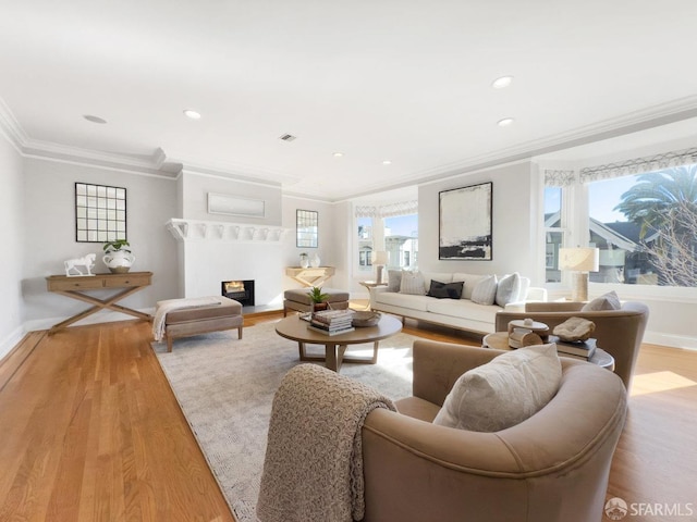 living room featuring crown molding and light hardwood / wood-style flooring