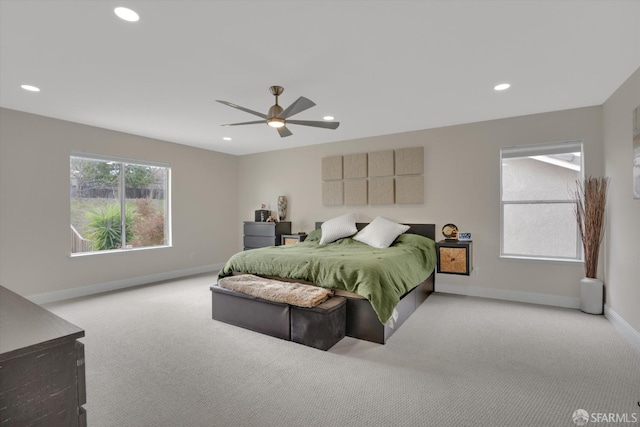 bedroom featuring carpet floors, recessed lighting, and baseboards