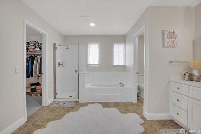 bathroom with a stall shower, visible vents, toilet, tile patterned floors, and a garden tub