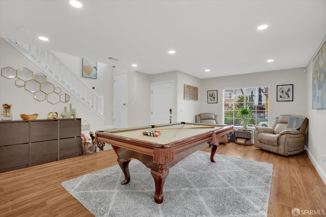 rec room featuring recessed lighting, pool table, wood finished floors, visible vents, and baseboards