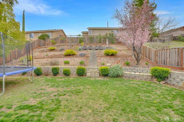 view of yard featuring a trampoline and a fenced backyard