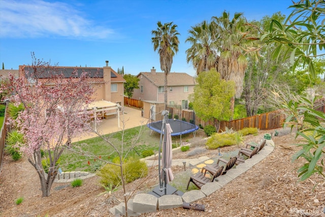 view of yard with a trampoline, a patio area, and a fenced backyard