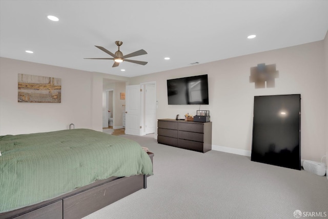 bedroom featuring baseboards, a ceiling fan, light colored carpet, and recessed lighting