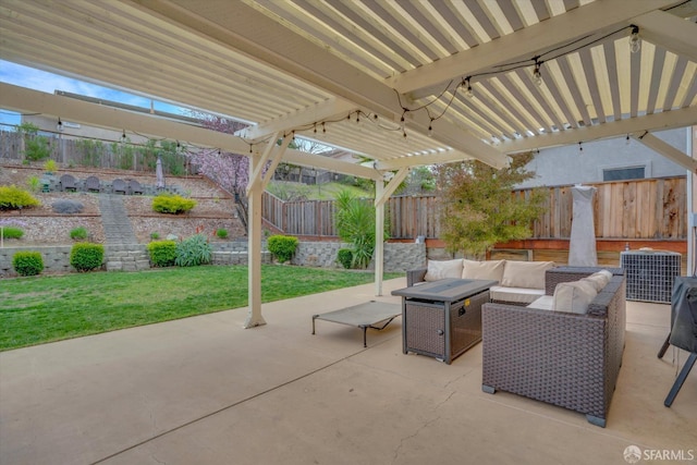 view of patio featuring a fenced backyard, an outdoor living space, and a pergola