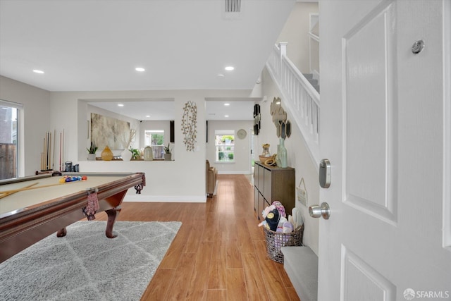 playroom with baseboards, visible vents, pool table, light wood-style floors, and recessed lighting