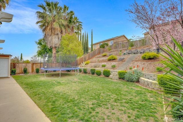 view of yard with a trampoline and a fenced backyard