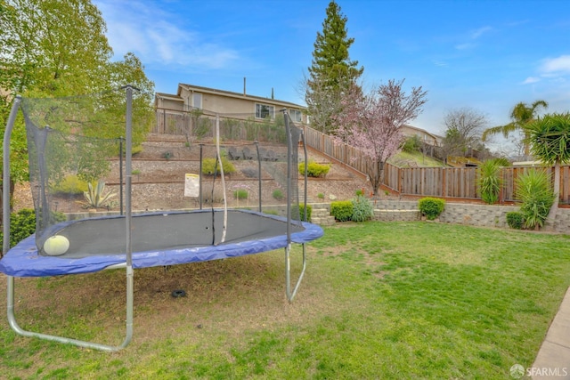 view of yard with a fenced backyard and a trampoline