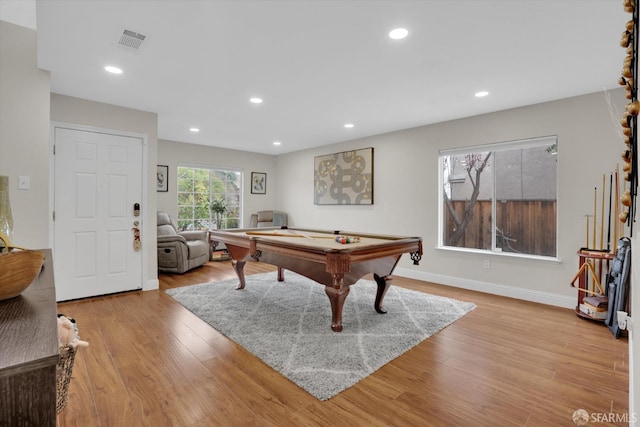 game room with recessed lighting, visible vents, wood finished floors, billiards, and baseboards