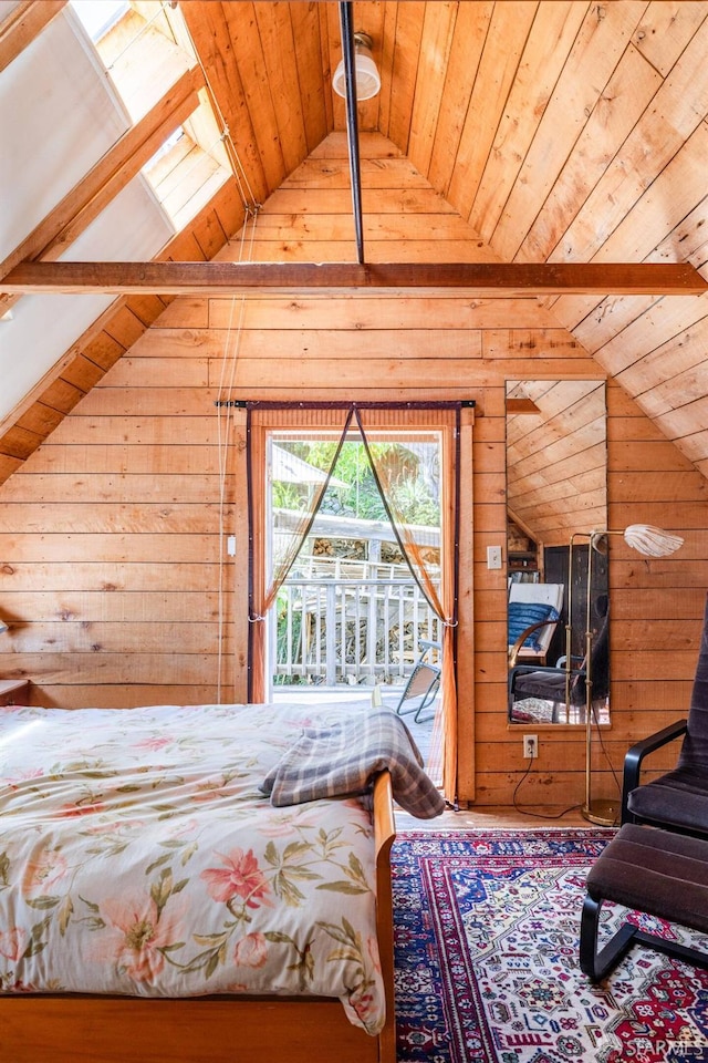 70 Laidley St, San Francisco, CA 94131 - bedroom featuring vaulted ceiling, wood walls, wooden ceiling, and access to outside