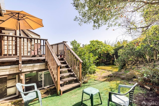 70 Laidley St, San Francisco, CA 94131 - view of grassy yard featuring stairway and a wooden deck