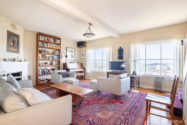 70 Laidley St, San Francisco, CA 94131 - living area featuring radiator, beamed ceiling, wood finished floors, baseboards, and a fireplace
