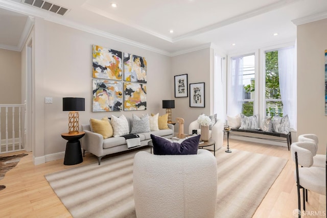 2675 Sutter St, San Francisco, CA 94115 - living room featuring wood finished floors, crown molding, recessed lighting, and a tray ceiling
