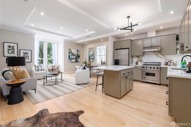 2675 Sutter St, San Francisco, CA 94115 - kitchen with stainless steel appliances, gray cabinets, a raised ceiling, open floor plan, and recessed lighting