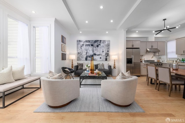 2675 Sutter St, San Francisco, CA 94115 - living area with light wood-style flooring, ornamental molding, a chandelier, and recessed lighting