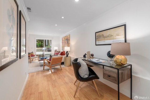 2675 Sutter St, San Francisco, CA 94115 - office area featuring light wood-type flooring, recessed lighting, and crown molding