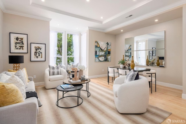 2675 Sutter St, San Francisco, CA 94115 - living room with light wood-style flooring, plenty of natural light, recessed lighting, crown molding, and a tray ceiling