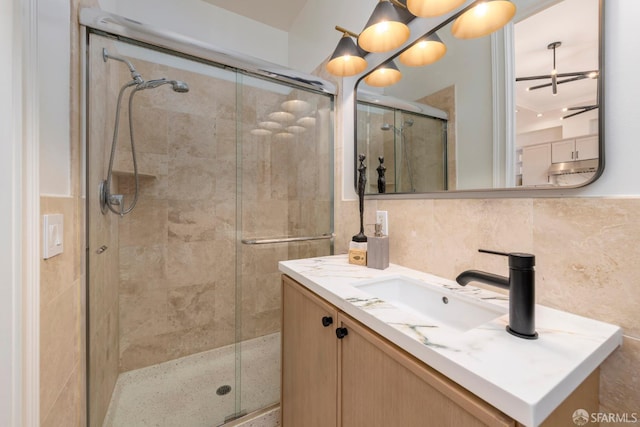 2675 Sutter St, San Francisco, CA 94115 - full bath featuring tile walls, a stall shower, vanity, and decorative backsplash