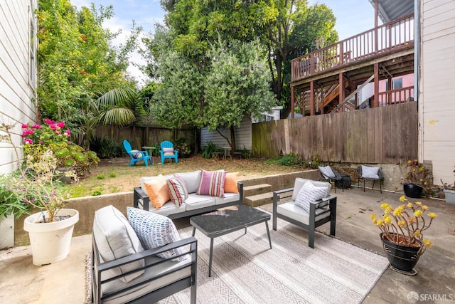 2675 Sutter St, San Francisco, CA 94115 - fenced backyard featuring outdoor lounge area, a wooden deck, a patio, and stairway