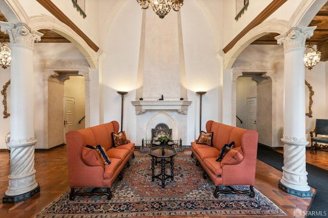 1201 California St Unit 205, San Francisco, CA 94109 - living room featuring a high ceiling and decorative columns