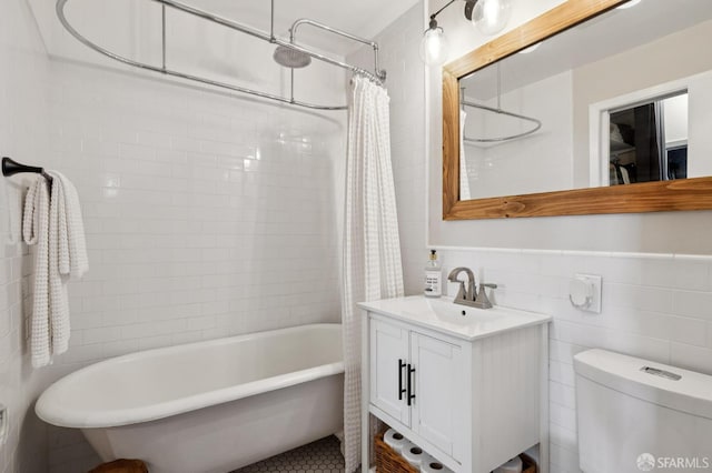 1201 California St Unit 205, San Francisco, CA 94109 - full bath featuring vanity, tile walls, shower / tub combo, and wainscoting