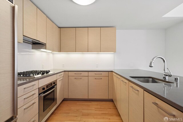 301 Mission St Unit 16H, San Francisco, CA 94105 - kitchen featuring stainless steel appliances, light brown cabinetry, and light wood-style flooring