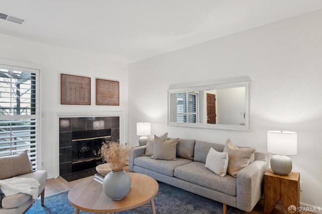 living room with a fireplace and light hardwood / wood-style floors