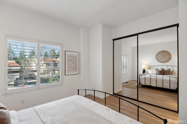 bedroom with hardwood / wood-style floors and a closet