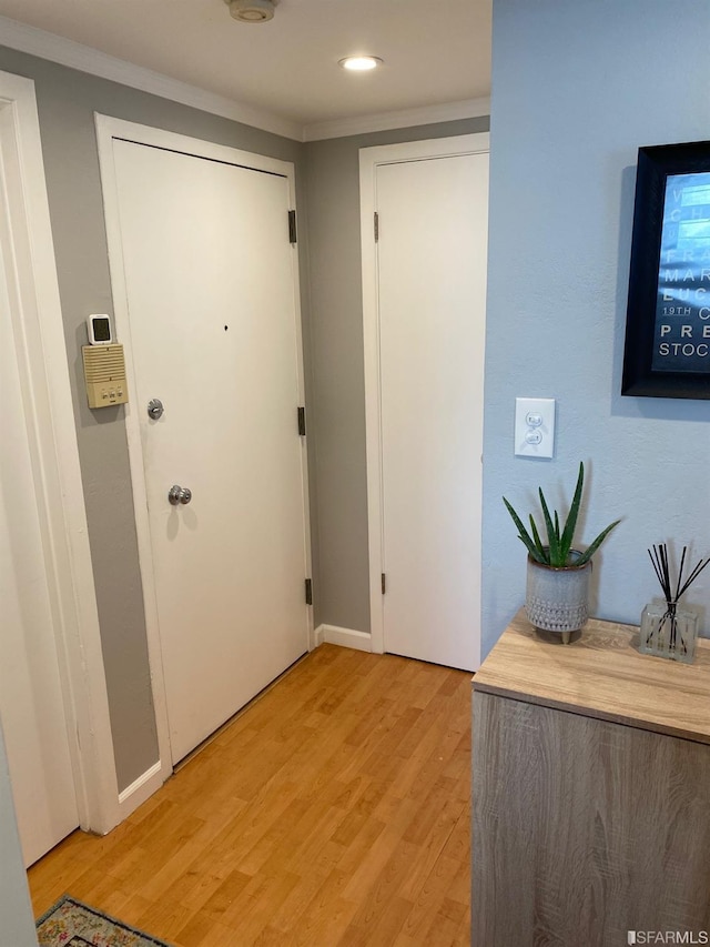 interior space featuring crown molding and light hardwood / wood-style flooring